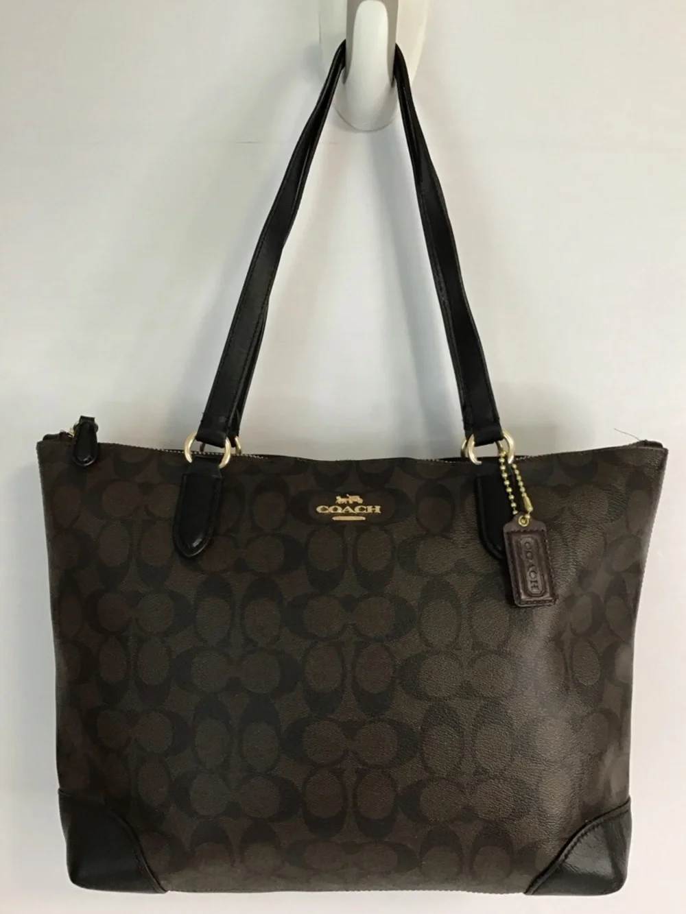 Coach Brown Signature Canvas Shoulder Tote with Black Straps